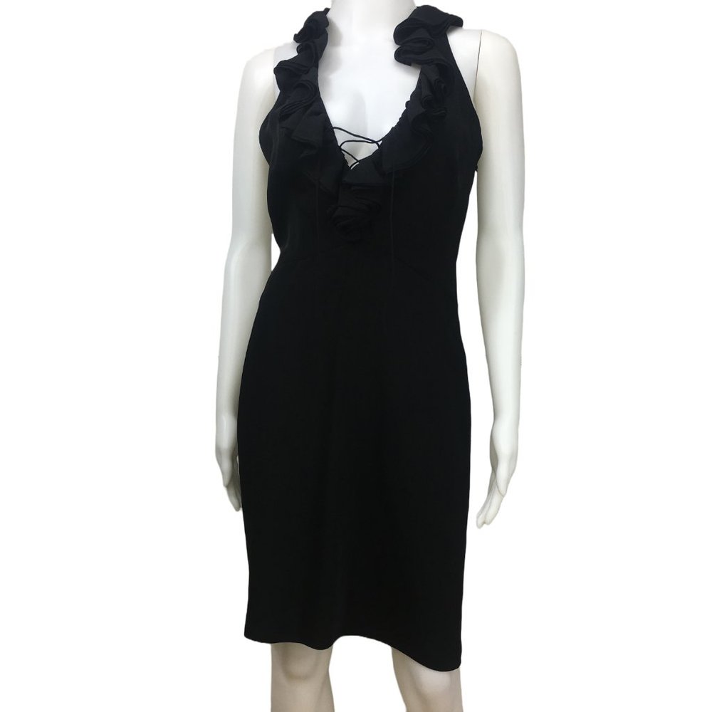 Cache black sheer ruffle lace up front LBD 8